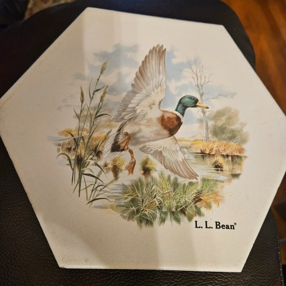vintage LL bean mallard duck hexagon ceramic trivet/potholder felt backing